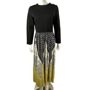 Vintage 70s Dress Size Medium Hostess Maxi Union Made Black Yellow Mod Print